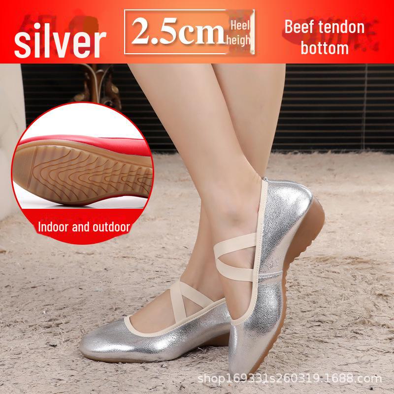 

Женские туфли для бальных танцев из мягкой кожи - низкий каблук, плоский каблук, подошва из коровьей кожи 37 серебряный