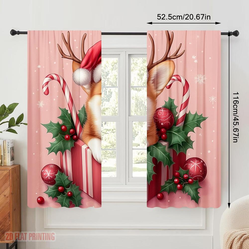 2pcs,2D Plane Printing Popular Curtain Panels Christmas Corgi Gift Festive Dog (4) Versatile Polyester Fabric (without Rod) All