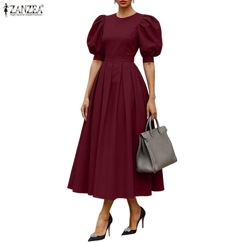 ZANZEA Damen Elegantes Puff-Kurzarm Freizeit-Langkleid