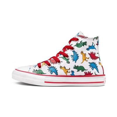 Chuck Taylor All Star Canvas Dinosaur Print Versatile Durable High-Top Kids Canvas Shoes Kids Sneakers White Red A00928C