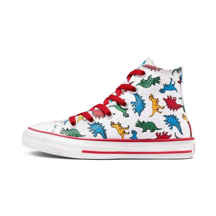Converse Chuck Taylor All Star Canvas Dinosaur Print Versatile Durable High-Top Kids Canvas Shoes Kids Sneakers White Red A00928C