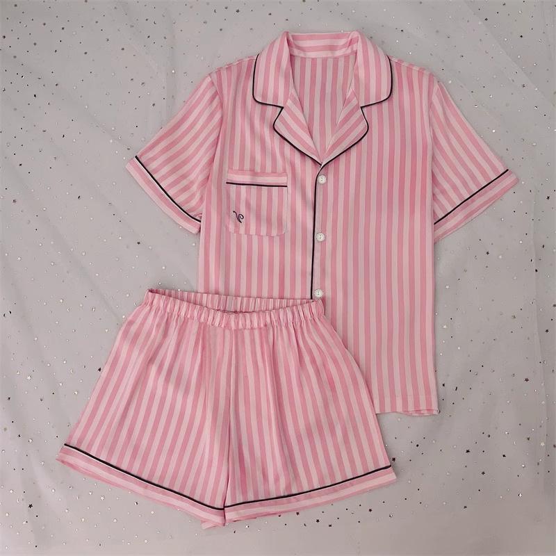 Can Wear Striped Cute Girl Comfortable Short-Sleeved Pajamas Simulation Silk Cool Loungewear Two-Piece Set