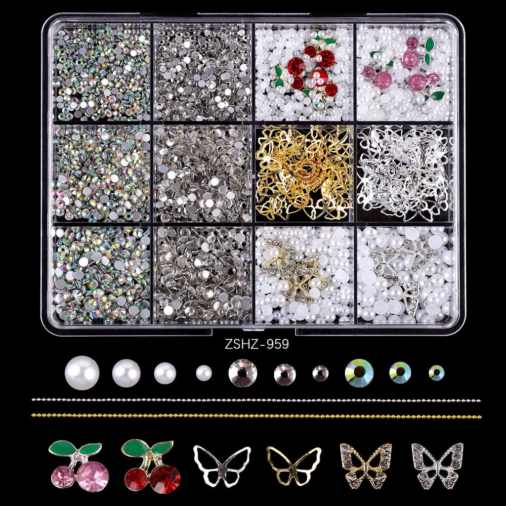 12 Grid Rose Nail Art Alloy Jewelry Resin Bow Camellia Three-Dimensional Flower Mixed Box
