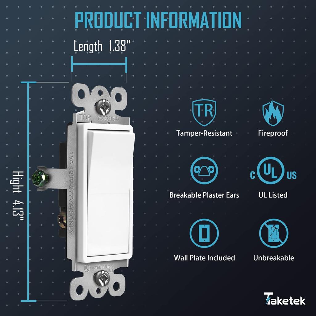 3 Way Decorator Switch with Wall Plate, Electrical Rocker Light Switch, Single Pole or Three Way, 3 Wire, 15A 120V/277V, UL Listed, White (10 Pack)