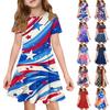 Girls Short Sleeve Dress with Pocket Independence Day Floral Print Casual Summer Dress for Kids Comfortable Fit
