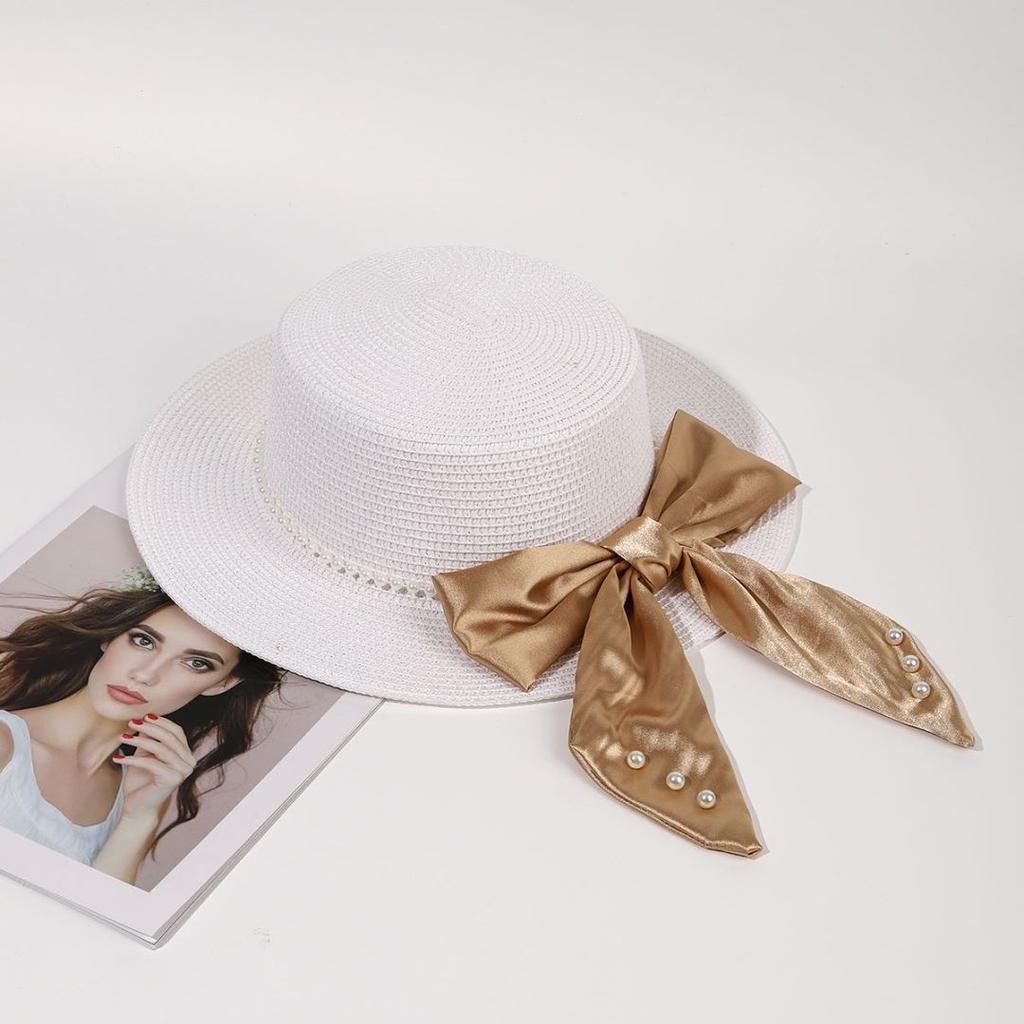 Spring and Summer Seaside Trip Beach Sunshade Sunscreen Hat UV Protection Sun Hat Pearl Bow Women Straw Hat