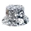Trendy Hippop Metallic Bucket Hat Fishing Camping Hat Streetwear Sequins Hat for Outdoor Activity  Silver