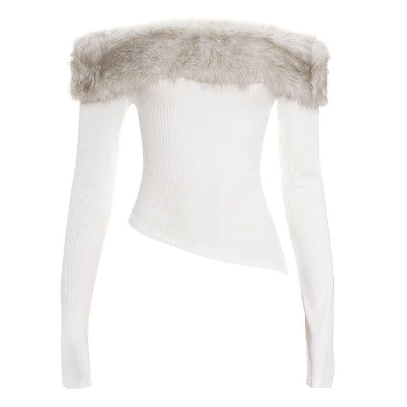 

D397Tp European and American Cross-Border Autumn and Winter New Style Fur Collar One-Shoulder Sexy Long-Sleeve T-Shirt Off-Shoulder Slim-Fit Top White S