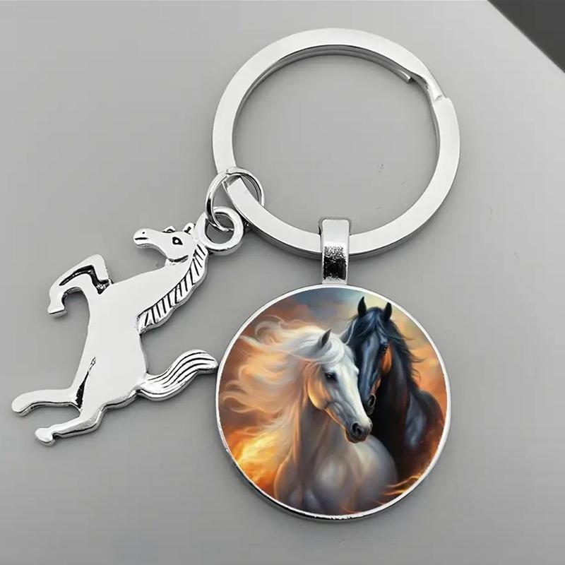 Animal Running Horse Keychain Exquisite Steed Pattern Glass Cabochon Keychain Men'S Charm Keyring Gift