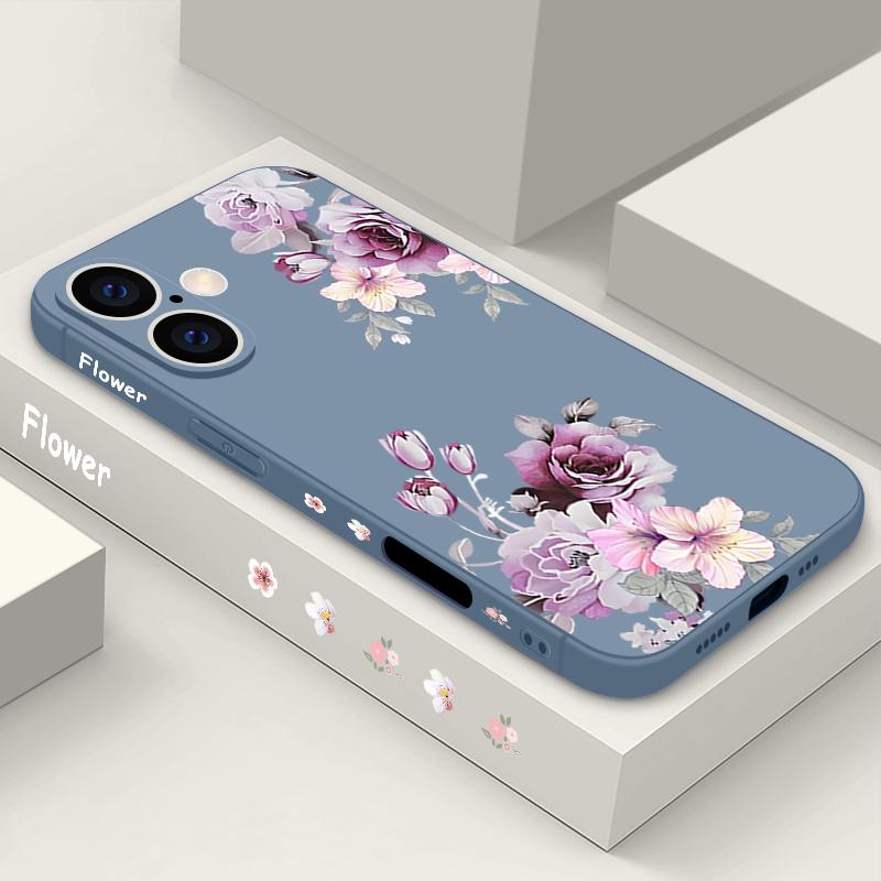 Carcasă rezistentă la șocuri cu model floral violet pentru iPhone 16 Pro Max 15 Pro 14 13 12 Mini 11 XS XR 8 7 Lanyard TPU Lens Protection Matte Soft Phone Cover