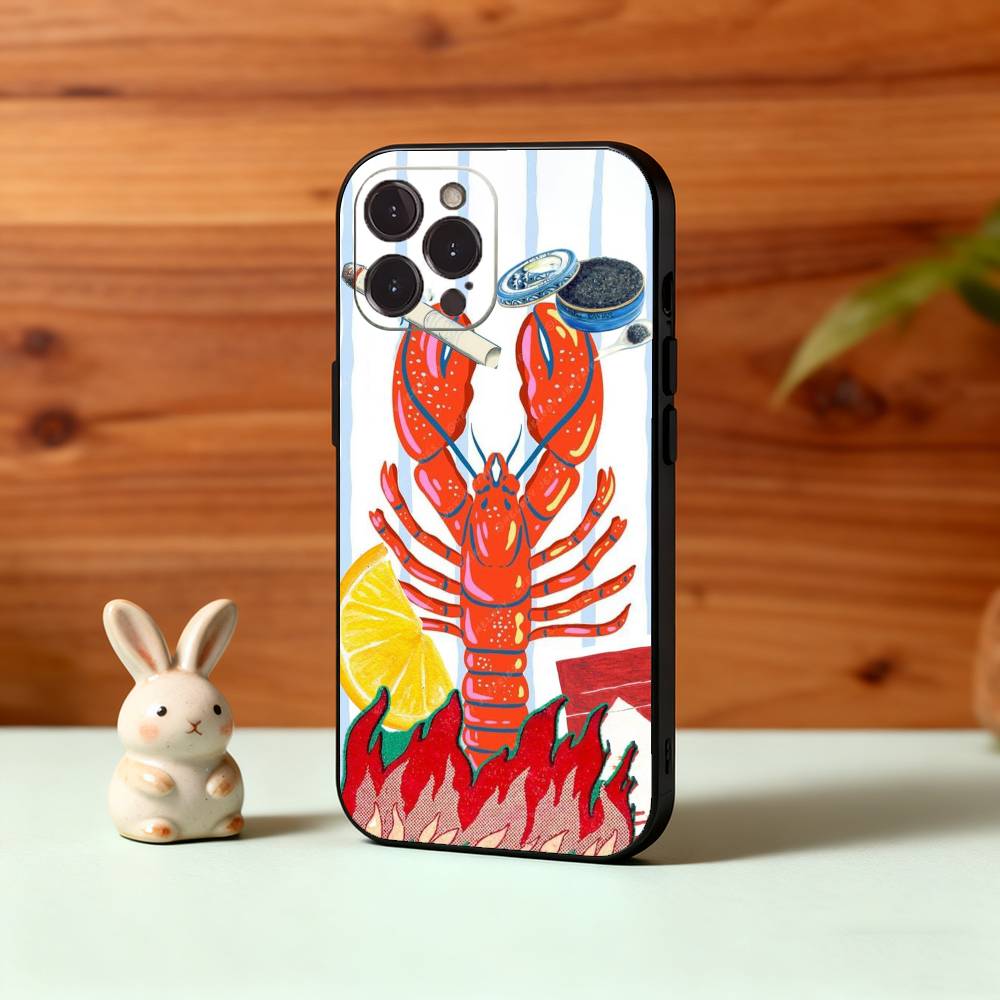 1PC Illustration of a Lobster Phone Case For iPhone17,16,15,14,13,12Plus,Pro Max,XS,5G Soft Silicone Black Cover
