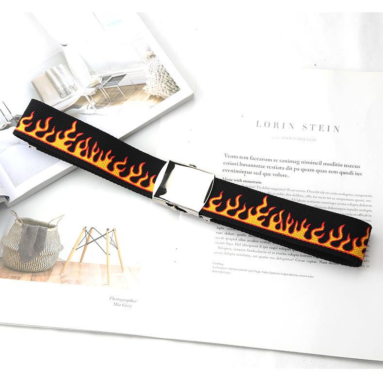 Fashionable Pattern Flame Metal Buckle Decoration Men Casual Woven Canvas Belt