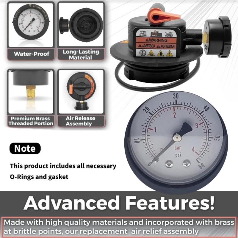 High Efficiency Valves Replacement Manual Air Relief Assembly for Cartridge Pool Filter Includes Pressure Gauge