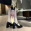 High heels women's retro black college style one-word buckle square head thick sole thick heel small leather shoes Mary Jane single shoes