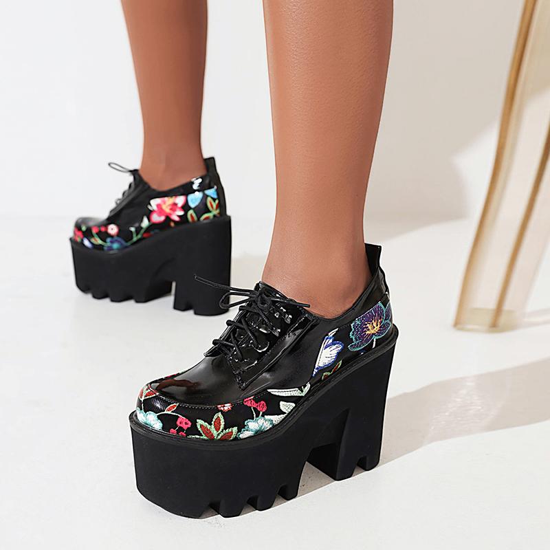Ultra High Waterproof Platform Wedge Heel Raised Breathable Pumps Embroidered Floral Punk Style Lace Up Polyurethane Sole Pumps