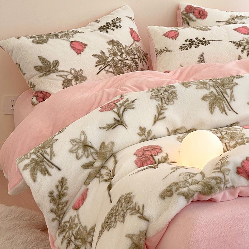 Rabbit Fleece Four-Piece Set, Thickened Milk Fleece Quilt Cover, Coral Fleece Bed Sheet Quilt Cover, Fleece Bedding