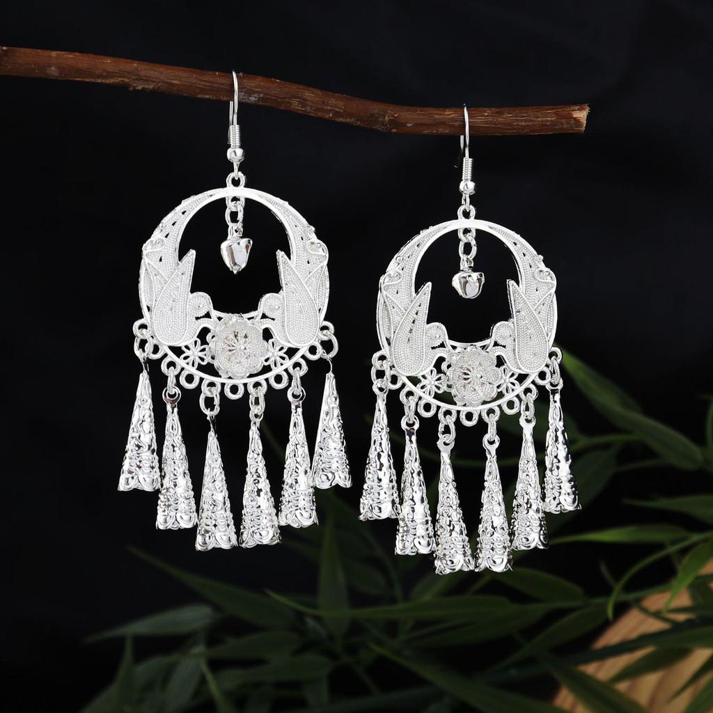 Miao Silver Tassel Earrings: Ethnic Style, Fashionable Exaggeration, Light Luxury Design