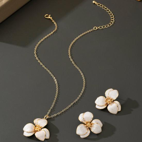 2Pcs/Set Women Jewelry Set Enamel Flower Charm Adjustable Length Necklace Faux Pearl Drop