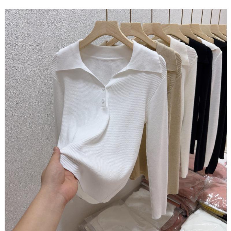 Lapel Retro Inner Knitted Women's Spring and Autumn New Long-sleeved Pullover Sweater Bottoming Shirt Slim-fitting and Thin Top