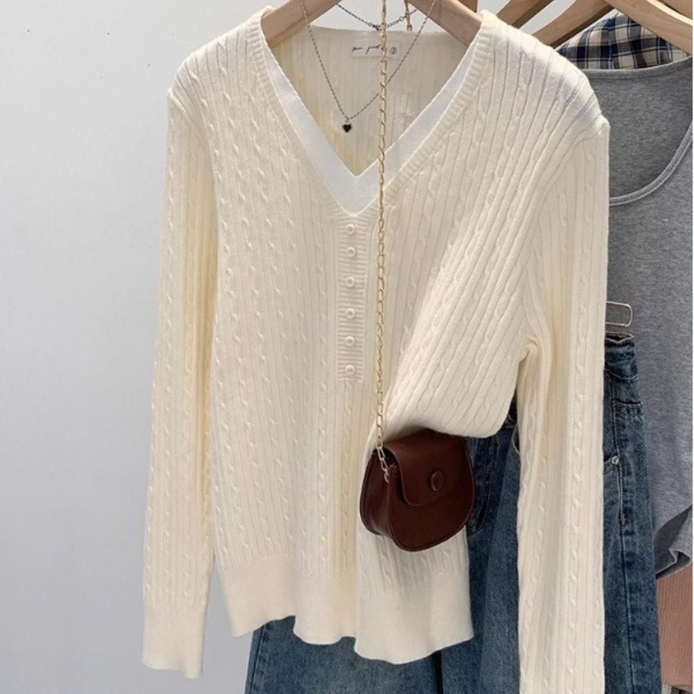 V-neck Braided Fake Two Knitted Base Shirts for Women's Autumn and Winter New College Tops