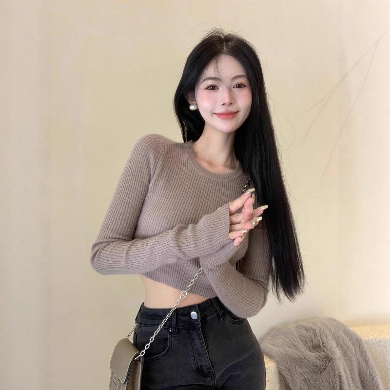 Gray Long-sleeved Knitted Sweater Women's Spring and Autumn Inner Fit Slim-fitting Short Open-button Tight Bottoming Shirt Top Tide