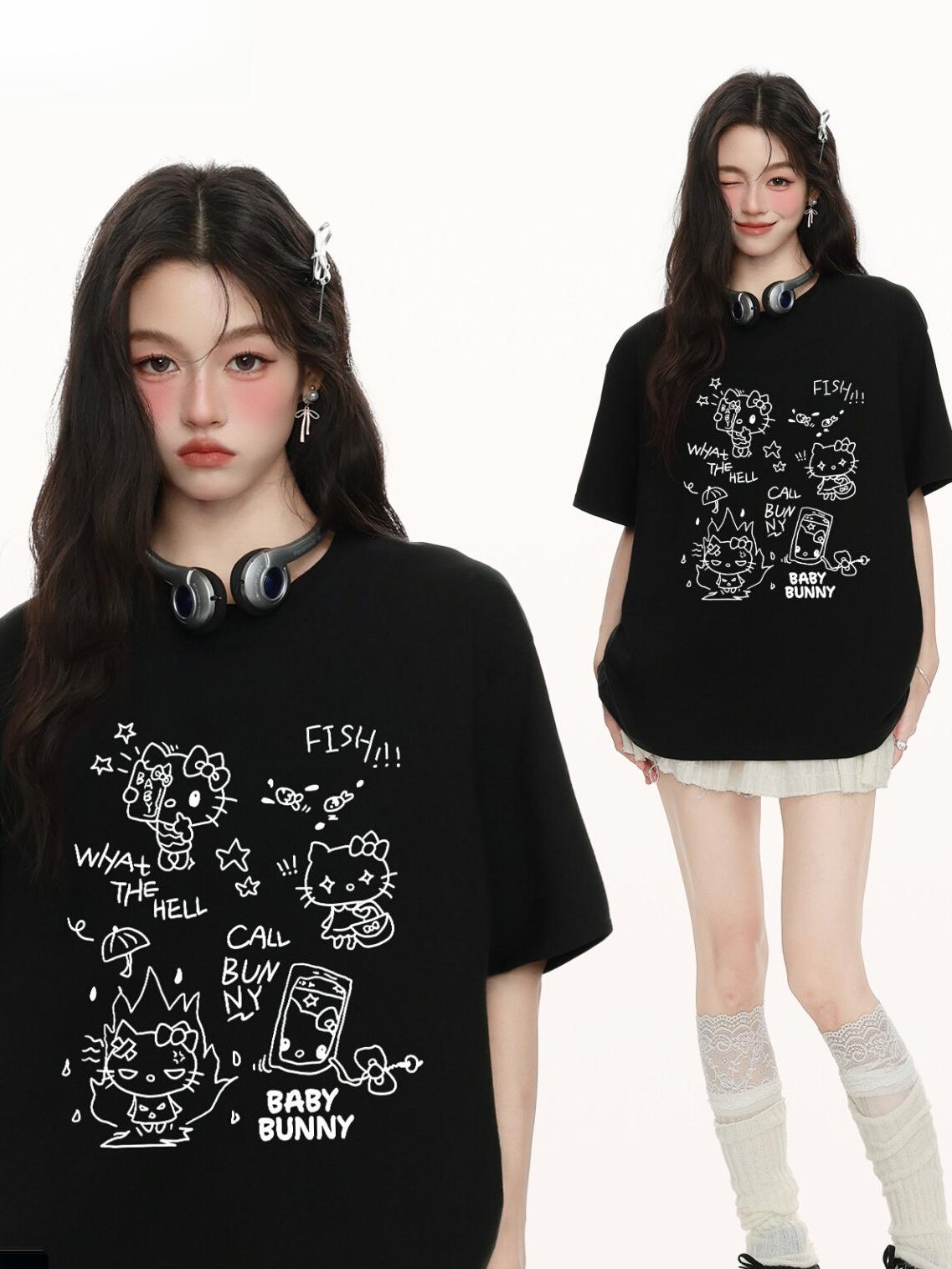 

2026 New Sweet Cool Cartoon KT Cat Print Pure Cotton ShortSleeved Womens TShirt Versatile Casual and Comfortable Top S