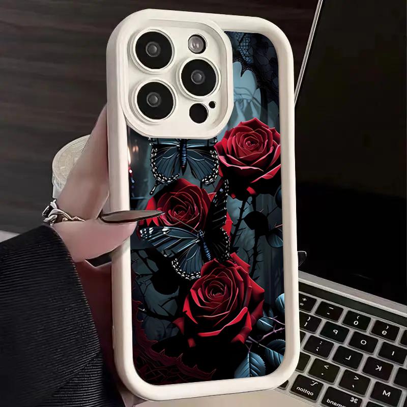 Dark Style Red Rose Butterfly Art Phone Case for iPhone 17 16 15 14 13 12 11 Series Pro Max Plus Double Layer Protection