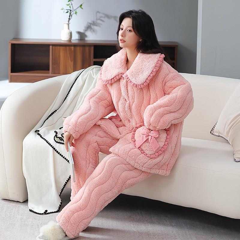 Couple Coral Fleece Quilted Pajamas Set Thick Warm Winter Loungewear Men Women