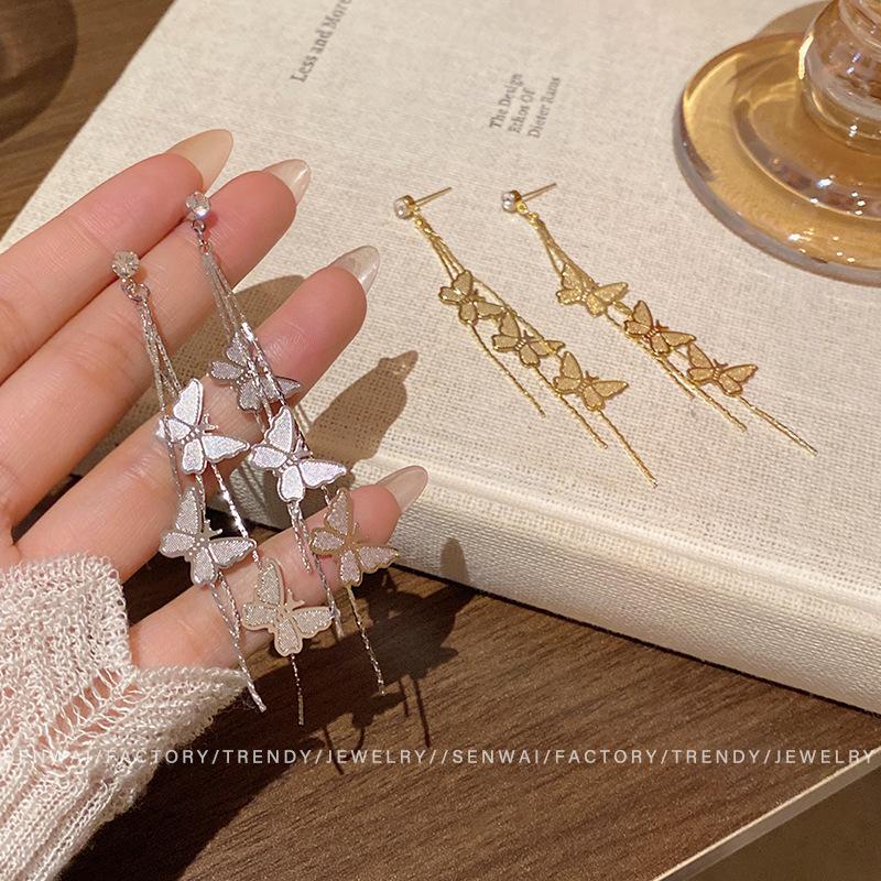 Butterfly tassel earrings for women's unique super fairy long stud earrings, new square and round face, thin ears