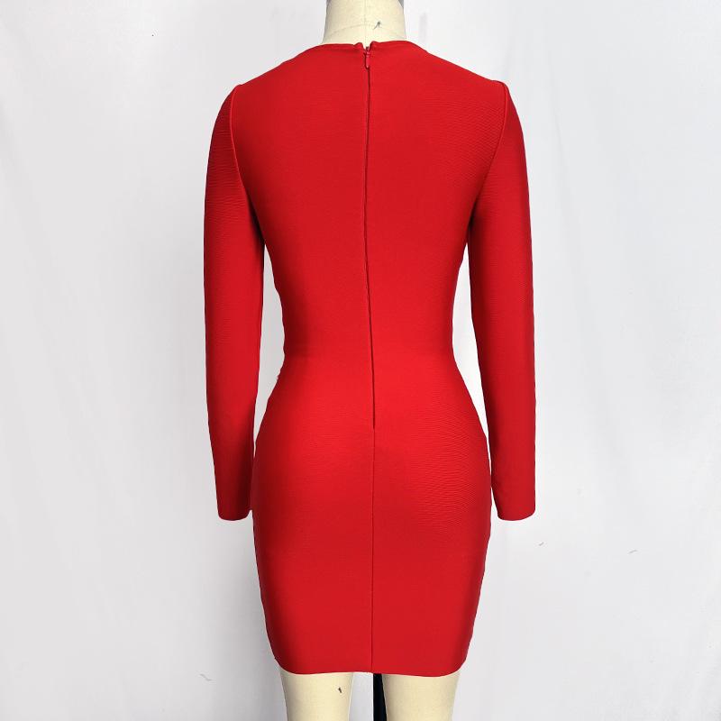 Black Red Rhinestone Long Sleeve Bandage Evening Dress