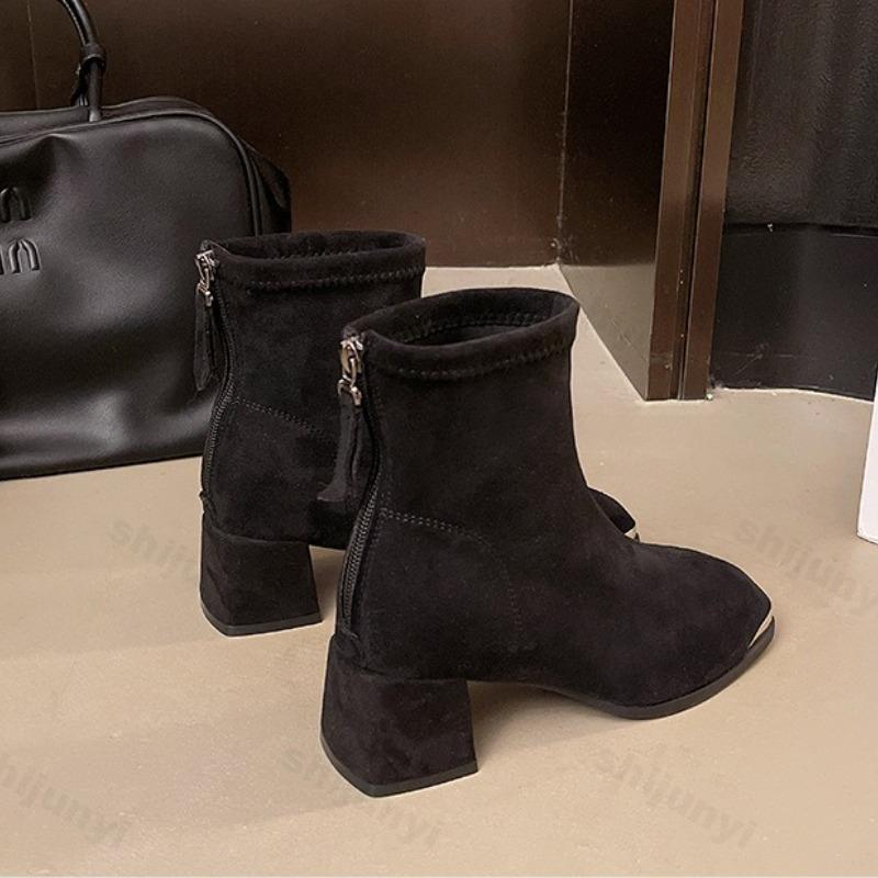 Women's Square Heels High Heeled Shoes Autumn New Fashion Zipper Vintage Short Boots Luxury Outdoor Non Slip Comfort Ankle Boots