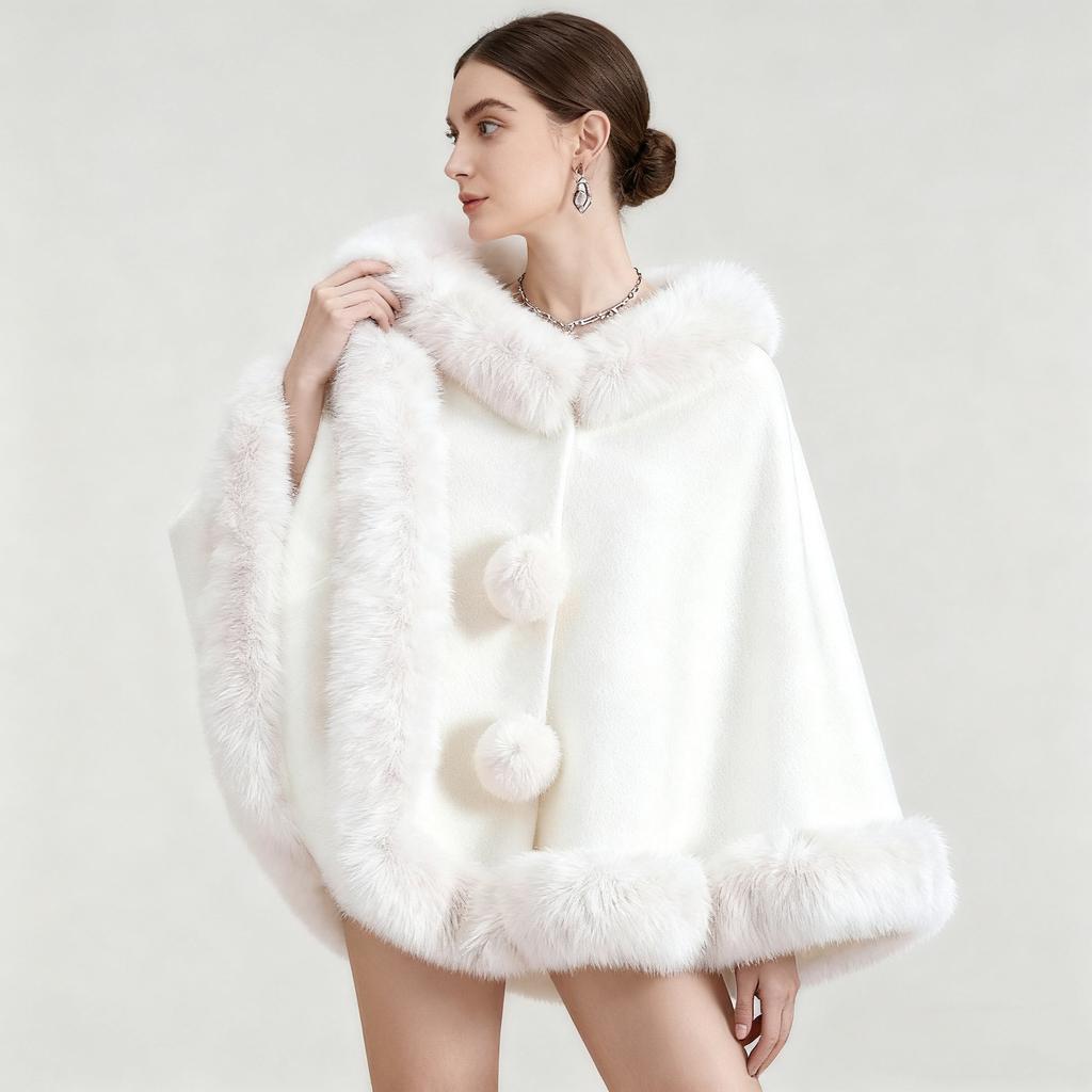 Autumn And Winter New Imitation Mink Fur Collar Shawl Cape Solid Color Wool Ball Cardigan Cheongsam Outer Cloak Jacket For Women