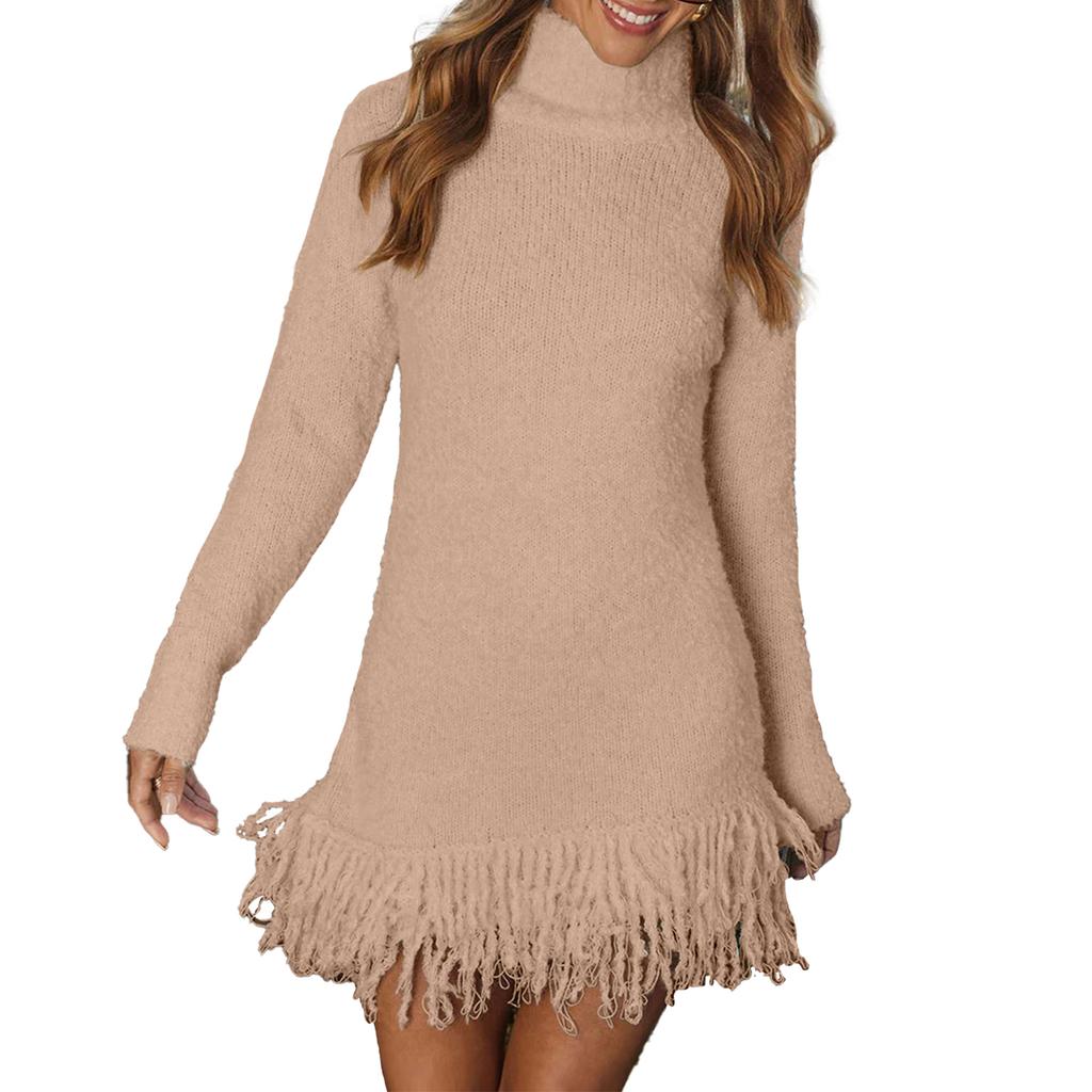 Women's Fringed Fashionable Knitted Sweater High-neck Sweater Dress