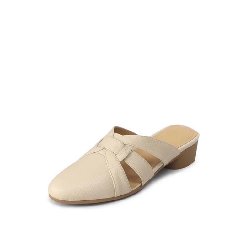 Summer Mules Genuine Leather Women Slippers Mid Block Heels Square Closed Toe Black Apricot Beige Sexy Party Shoes