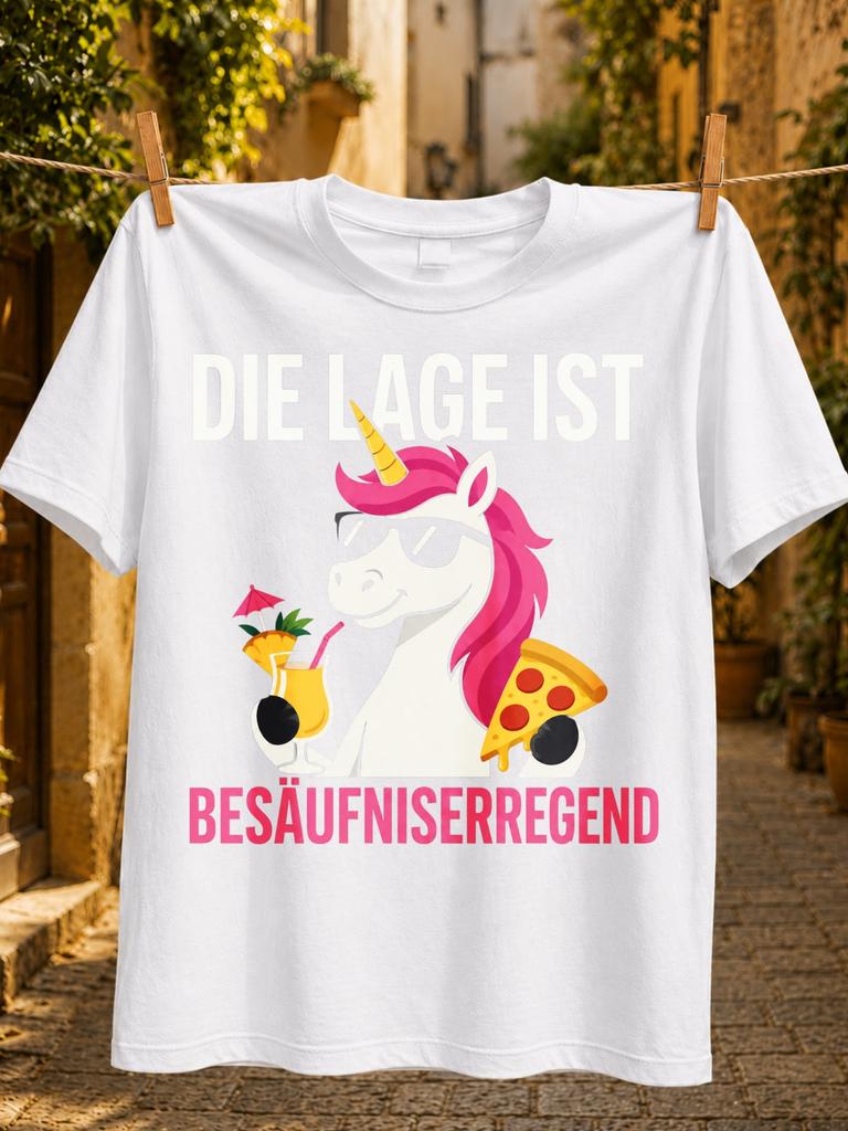 Die Lage Ist Besaufniserregend Cute Unicorn In With Cocktail And Pizza Playful Party Humor And Pink Unisex All Tshirt