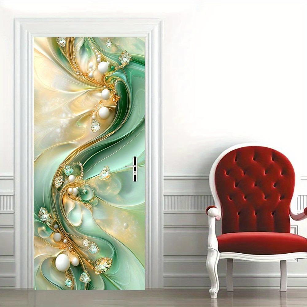 Moderne Geometrische Türsticker - Selbstklebende und abnehmbare Türsticker, grüne seidige Wellenlinien mit einem Schmuckmuster