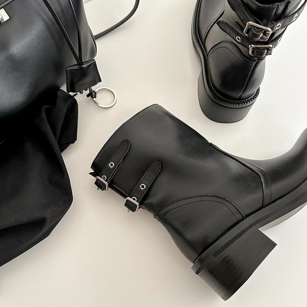 Cowhide version~ Square head retro belt buckle short knight boots women's western cowboy boots thin thick heel locomotive short boots