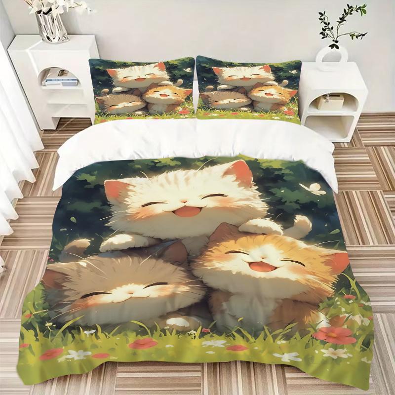 3pcs Three kittens Quilt Cover Set (1 Quilt Cover + 2 Pillowcases Without Pillow Core), High-Definition Printing for Home and Dormitory.L108