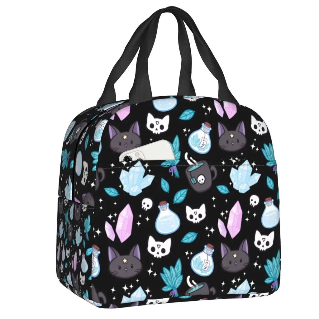 Herb  Insulated Lunch Tote Bag for Women Halloween Witchy Spooky Cat Cooler Thermal Food Lunch Box Outdoor Camping Travel