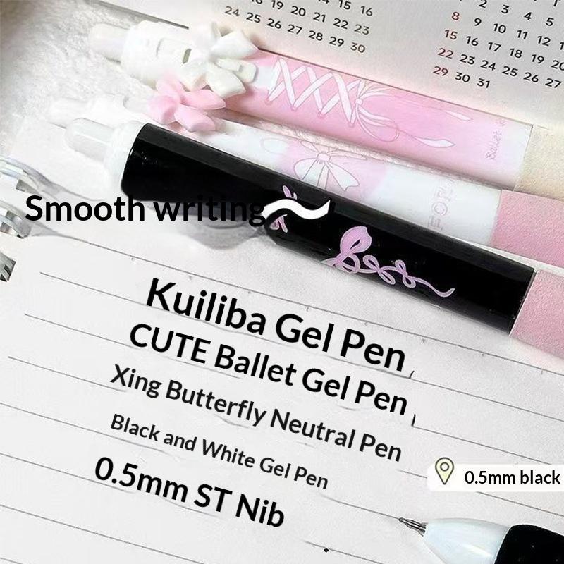 4 Pcs Black And White Bow Press Pen Soft Grip Super High Value 0.5mm Brush Question Quick Drying Press Cartoon Neutral Pen