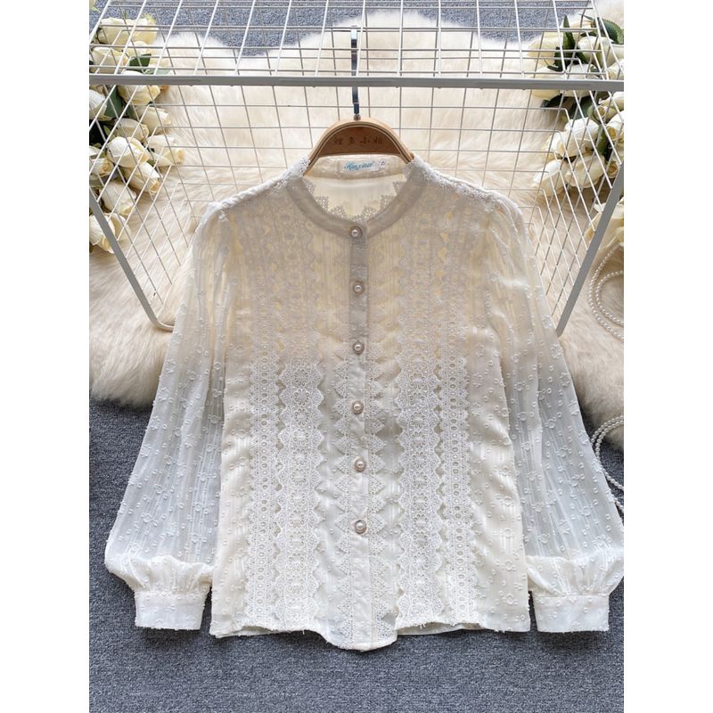 Fashion Stand-up Collar Slim Fit Easiest for Match Puff Sleeve Top Lace