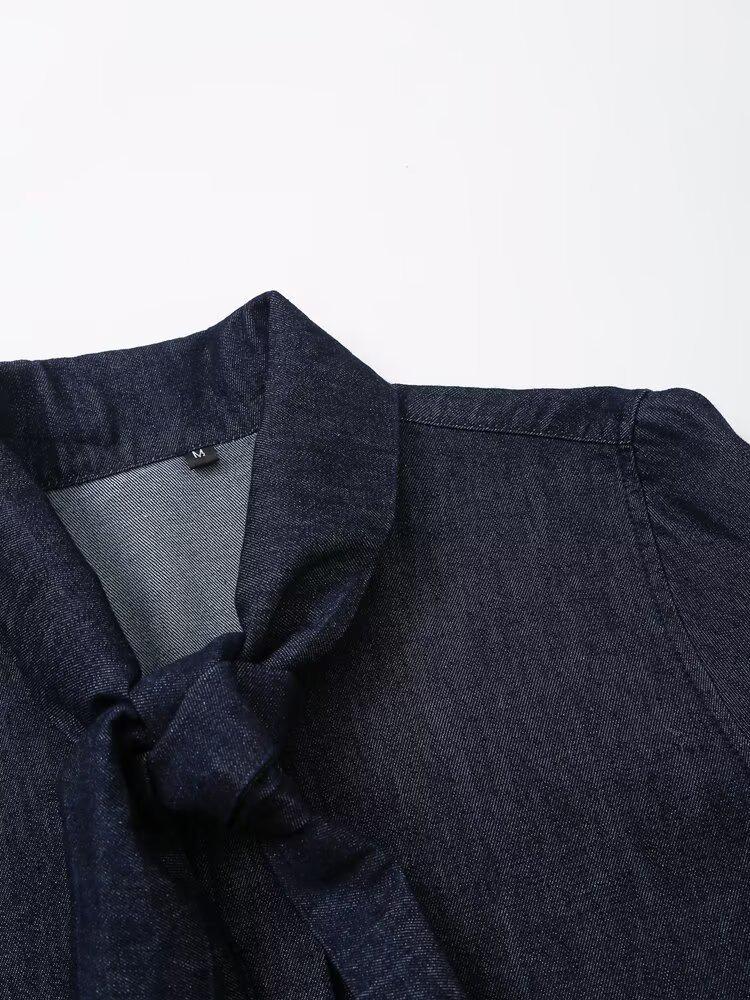 European & American Women's Casual Denim Bow Tie Lace-up Shirt with Wide-leg Pants - Early Autumn Fashion
