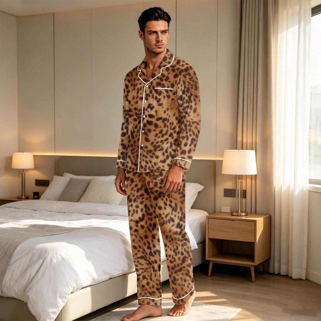 Men's Leopard Print Pajama Set Button Down Shirt and Straight Leg Pants Two Piece Sleepwear
