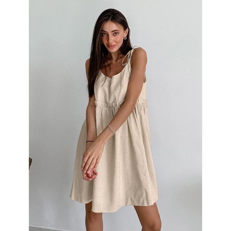 Brown Cotton-Linen Dress For Women Summer Holiday Style Loose-Fitting Suspender Dress A-Line Skirt
