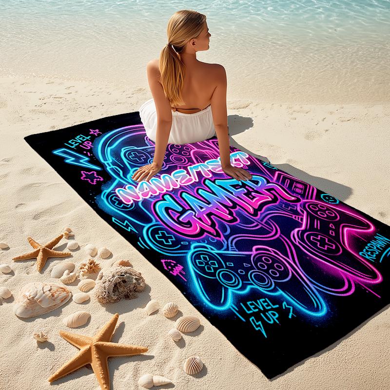 1PC Custom Name Neon Gamer Vibes Beach Towel Highly Absorbent And Sand-Resistant Towel for Swimming, Pool, Yoga, And Travel Lightweight