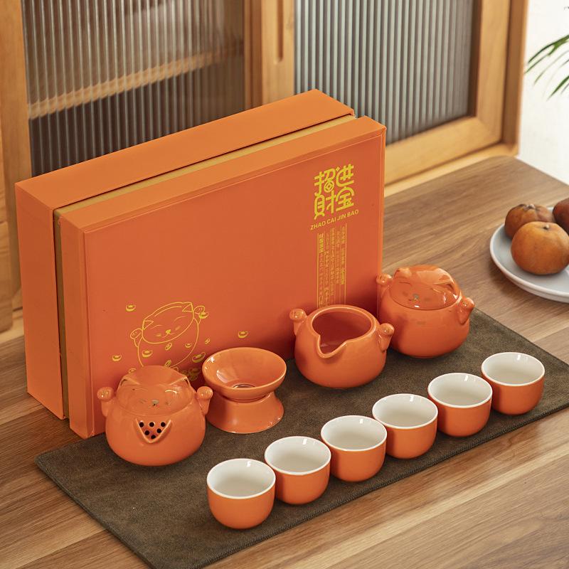 Internet celebrity lucky cat kung fu tea set to give customers ceramic teapot six cups gift box business small gifts