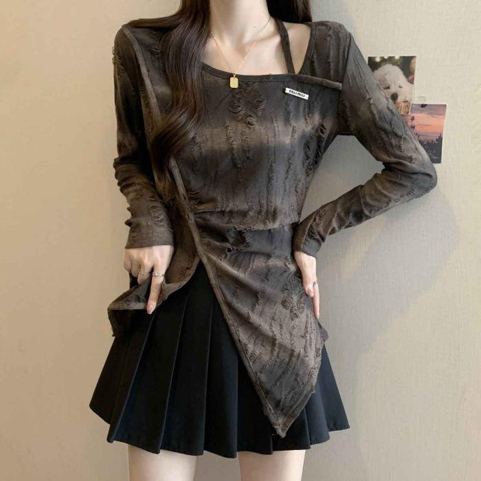 

Korean version of retro style irregular square collar slim-fitting pullover bottom long-sleeved top autumn and winter versatile fashion clothing One size fits all темно-коричневого кольору
