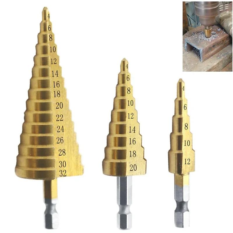 3pcs HSS Titanium Coated Step Drill Bit 4-12 4-20 4-32 Ing Power Tools, Metal High Speed Steel Wood Hole Cutter Cone.