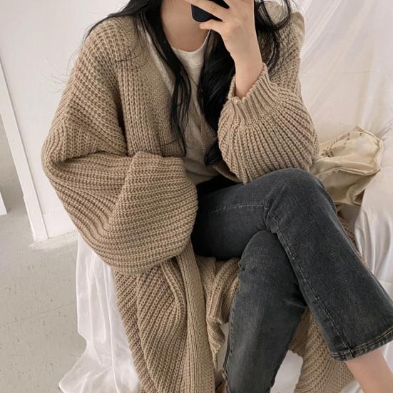 Women Knitted Sweater Coat V-Neck Long Sleeve Open Front Solid