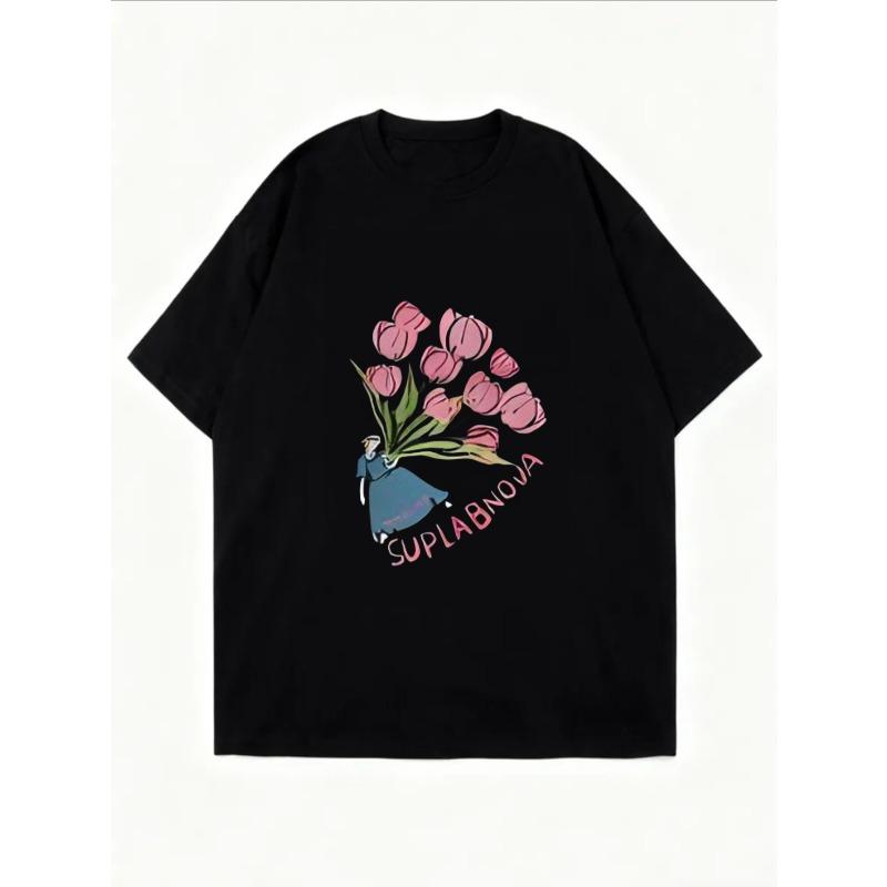 White Oversized T Shirt With Pink Tulip Bouquet And Suplabnova Text Print For Casual Wear
